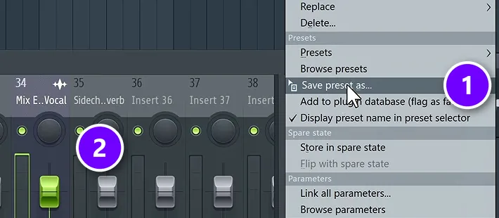 FL Studio effect slot menu with Save preset as numbered 1 and the target mixer track numbered 2