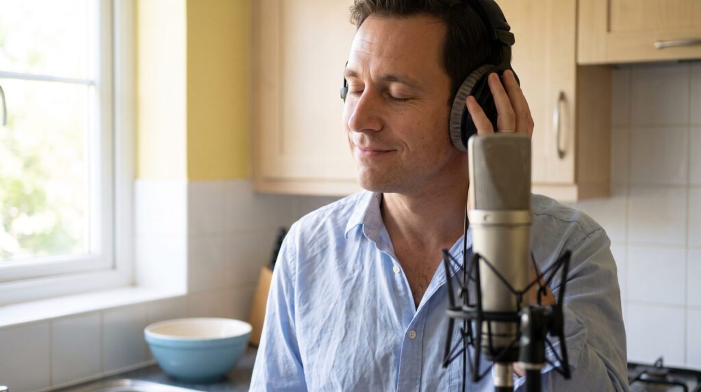A man in his late thirties singing with his eyes closed in a bright kitchen, holding his headphones to one ear in front of a microphone
