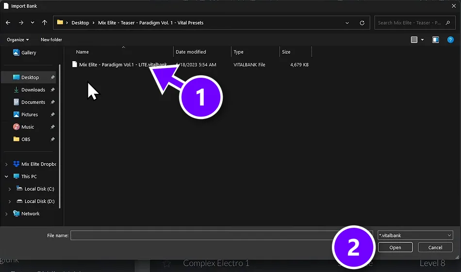 Vital's Import Bank window with a .vitalbank preset file numbered 1 and the Open button numbered 2