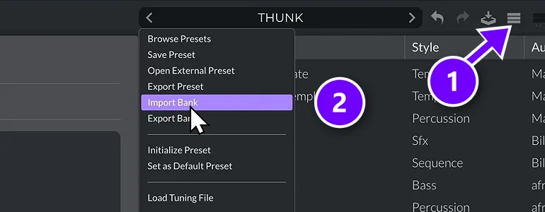 Vital's menu open in FL Studio, with the menu button numbered 1 and Import Bank numbered 2