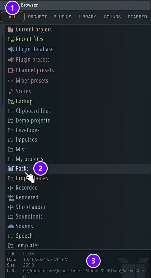 FL Studio Browser with the All tab numbered 1, the Packs folder numbered 2 and its path on disk in the info panel numbered 3