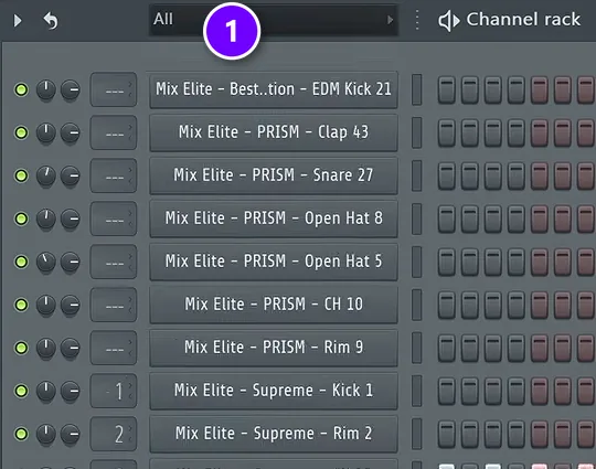 FL Studio Channel Rack with its display filter set to All, numbered 1, showing every sample channel