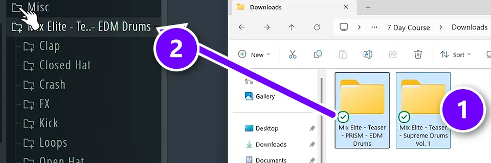Two sample pack folders numbered 1 dragged from File Explorer onto the FL Studio Browser, where the new pack appears numbered 2