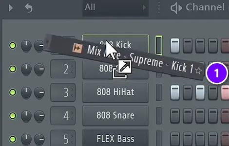 A kick sample numbered 1 being dragged onto the 808 Kick channel in the FL Studio Channel Rack