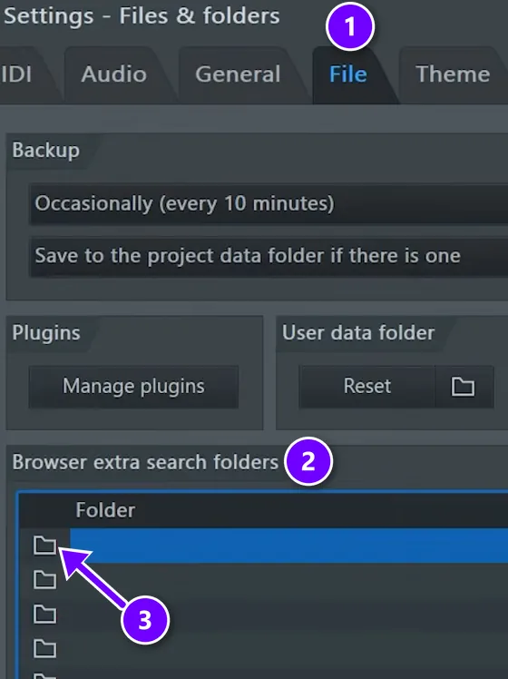 FL Studio File settings with the File tab numbered 1, Browser extra search folders numbered 2 and the folder icon of the first row numbered 3