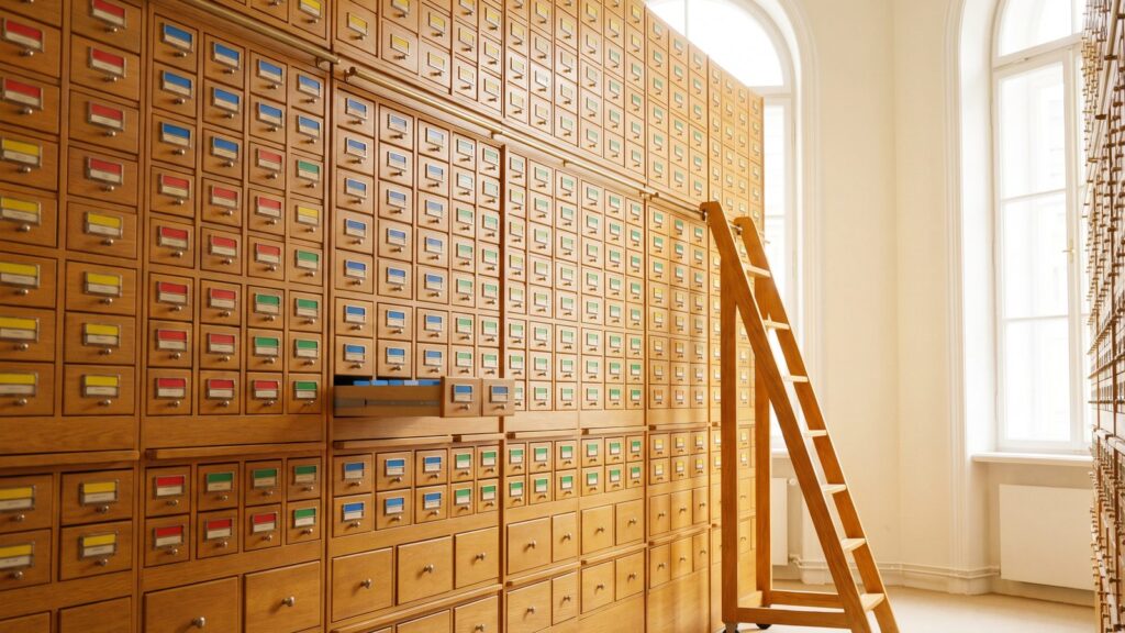 A sunlit archive room lined with wooden card-catalog drawers sorted by colored tabs, one drawer pulled out, like a well-organized sample library