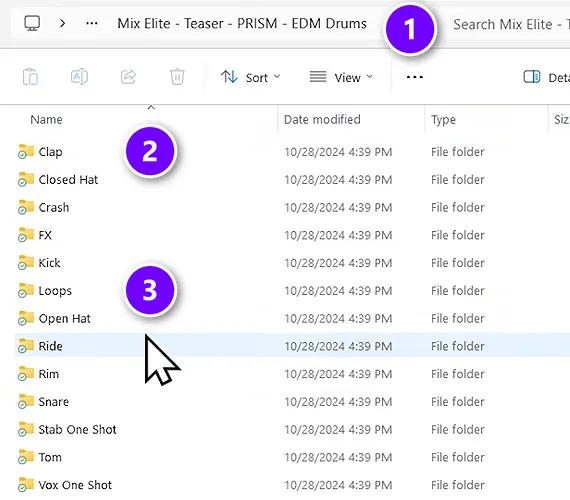 A sample pack folder in File Explorer with the pack name numbered 1, the Clap folder numbered 2 and the Loops folder numbered 3