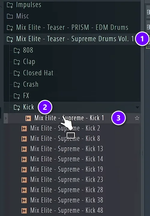 FL Studio Browser with the Supreme Drums pack numbered 1, its Kick folder numbered 2 and the first kick sample numbered 3