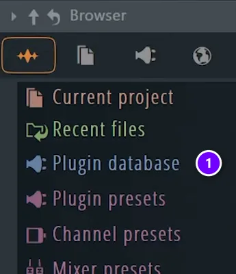 FL Studio Browser with the Plugin database folder numbered 1