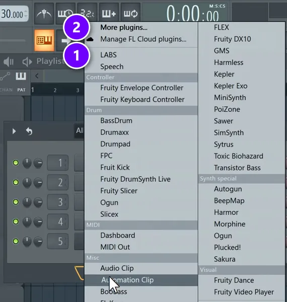 FL Studio Channel Rack add menu with the starred LABS plugin numbered 1 and More plugins numbered 2