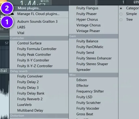FL Studio Mixer slot Select menu with a starred effect plugin numbered 1 and More plugins numbered 2