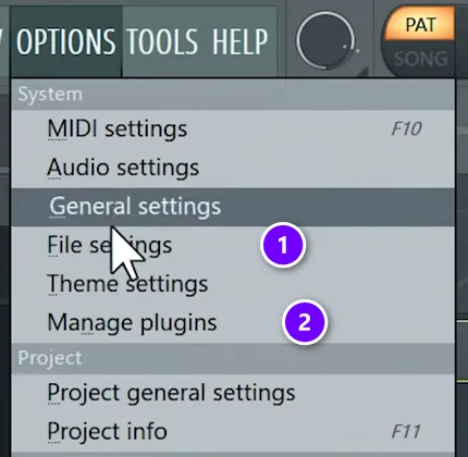 FL Studio Options menu with File settings numbered 1 and Manage plugins numbered 2