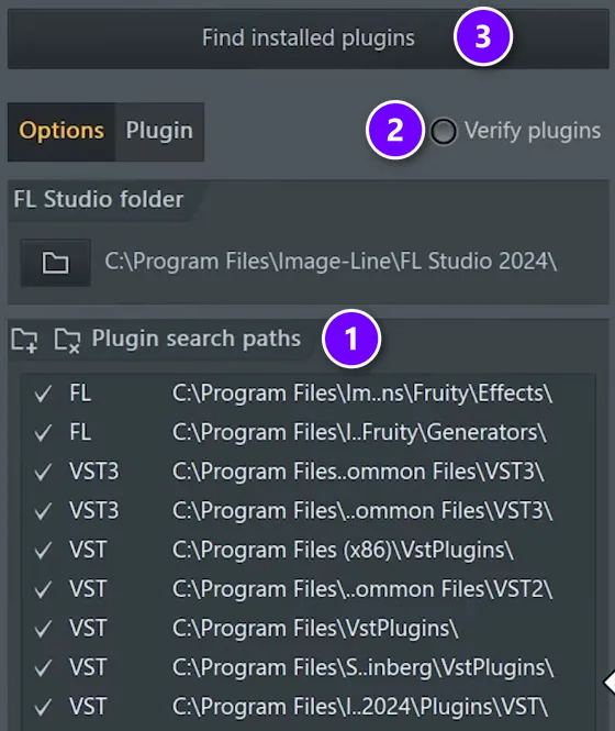 FL Studio Plugin Manager with Plugin search paths numbered 1, Verify plugins numbered 2 and Find installed plugins numbered 3