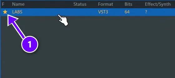 FL Studio Plugin Manager list with the LABS VST3 plugin and its favorite star numbered 1