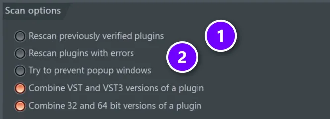 FL Studio Plugin Manager scan options with Rescan previously verified plugins numbered 1 and Rescan plugins with errors numbered 2