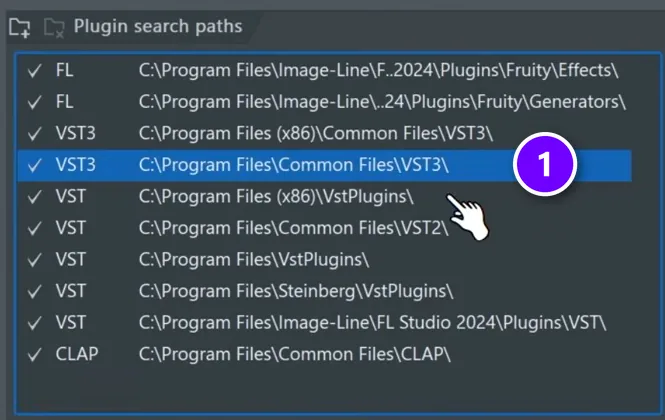 FL Studio Plugin search paths list with the C:\Program Files\Common Files\VST3 folder numbered 1