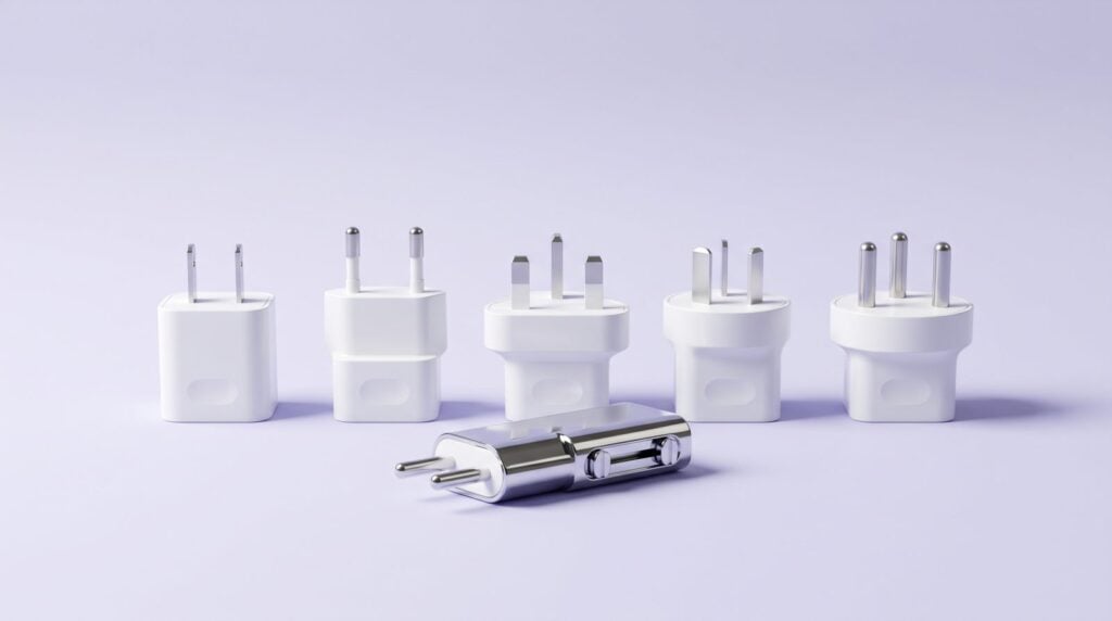 Five white plug adapters with different pin shapes and a chrome travel adapter on a lavender backdrop, like the different plugin formats