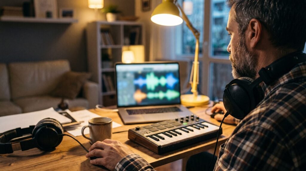 Man with studio headphones around his neck setting up music software on a laptop next to a small MIDI keyboard