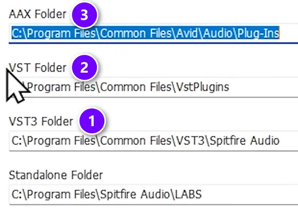 LABS plugin installer folder screen with the VST3 folder numbered 1, the VST folder numbered 2 and the AAX folder numbered 3