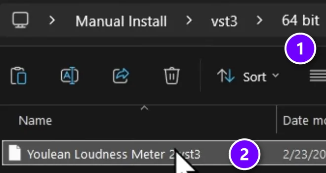 Windows File Explorer showing the vst3 then 64 bit folder numbered 1 and the Youlean Loudness Meter 2.vst3 file numbered 2