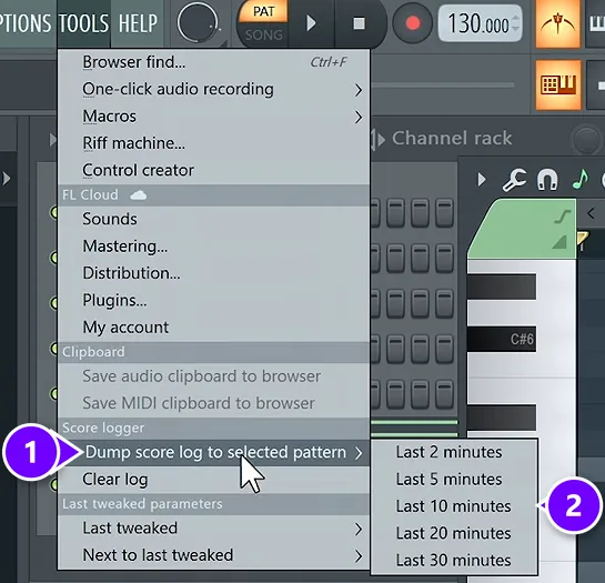 FL Studio Tools menu with Dump score log to selected pattern (1) and its Last 2 to Last 30 minutes options (2) numbered