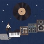 Paper-cut collage of a man in a shirt and tie with a work bag climbing a staircase of music gear, from a laptop and keyboard to a drum machine, mixer and speaker, toward a vinyl record hanging like the moon in a night sky