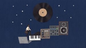 Paper-cut collage of a man in a shirt and tie with a work bag climbing a staircase of music gear, from a laptop and keyboard to a drum machine, mixer and speaker, toward a vinyl record hanging like the moon in a night sky