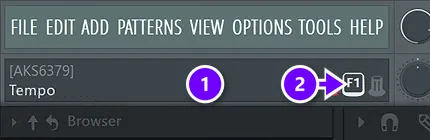 FL Studio top bar with the hint bar (1) naming the hovered Tempo control and the F1 manual button (2) numbered