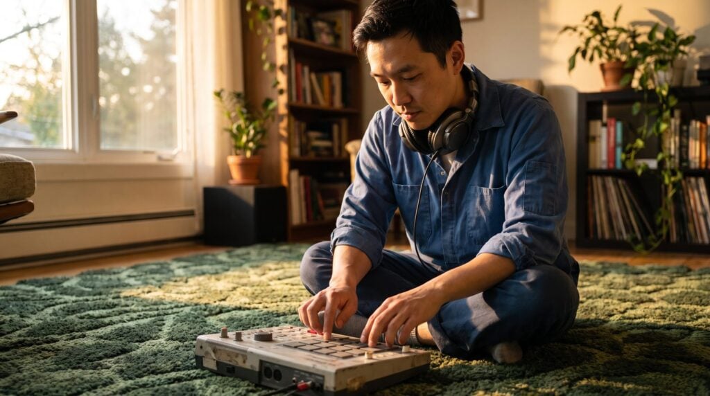 A man in a work shirt sits on his living-room rug tapping out a beat on a pad sampler, practising on his own track instead of watching another tutorial