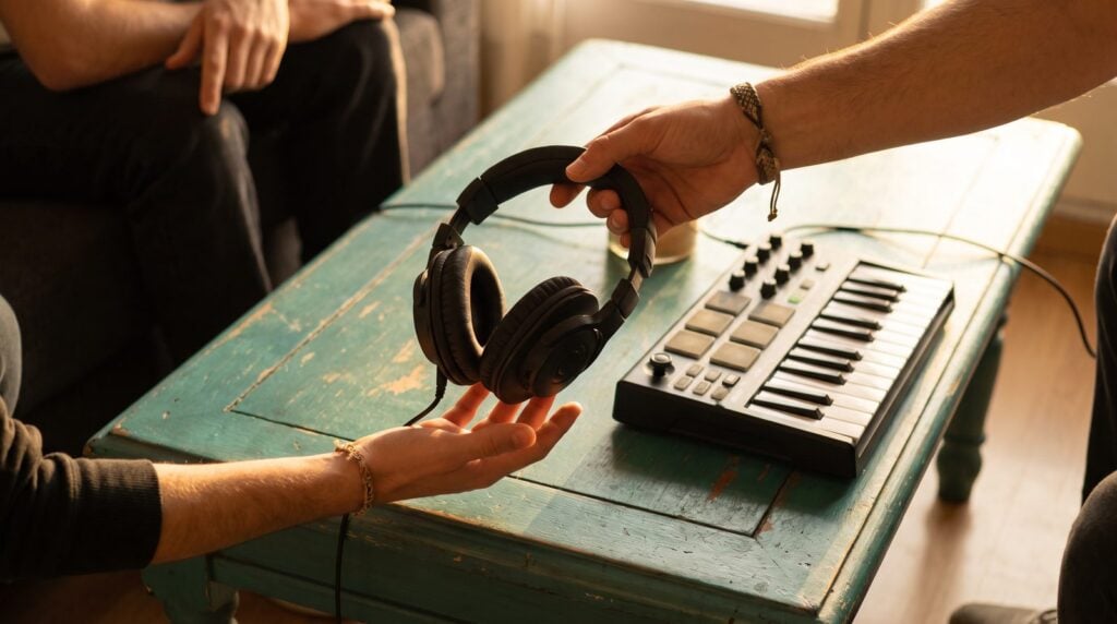 Close-up of a producer handing his studio headphones to a friend across a coffee table so he can hear the track, a small MIDI keyboard beside them