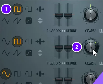 FL Studio 3x Osc with the first oscillator on a square wave (1) and the second oscillator tuned to +7 semitones (2)