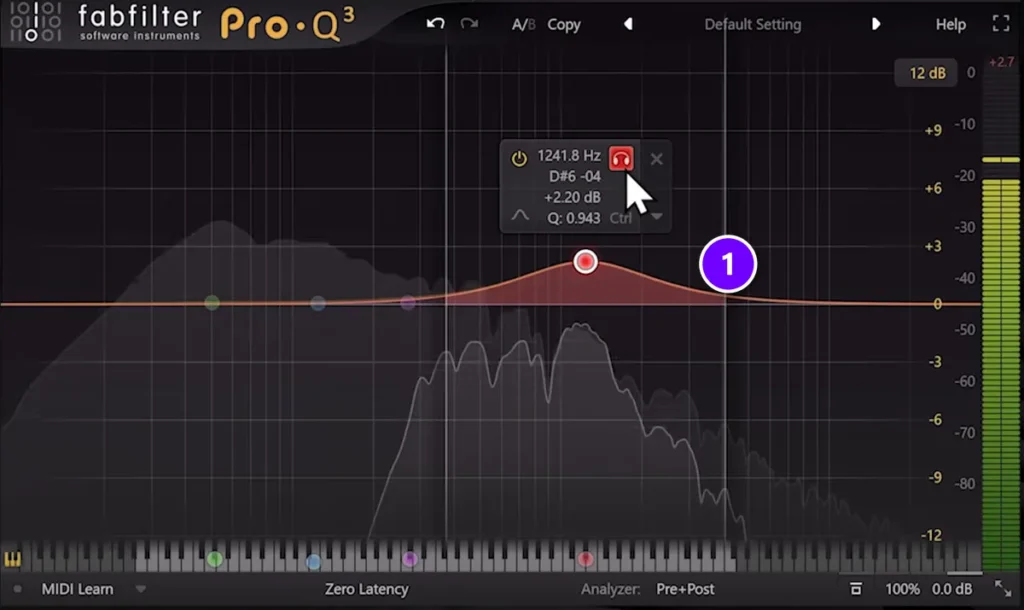 EQ on a kick drum with a wide bell boost of about 2 dB at 1.2 kHz in the mids (1)