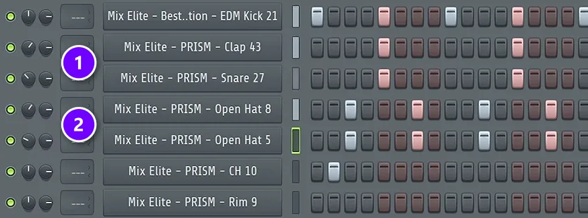 FL Studio Channel Rack with a layered clap and snare on beats 2 and 4 (1) and two open hats on the off-beats (2), each panned slightly