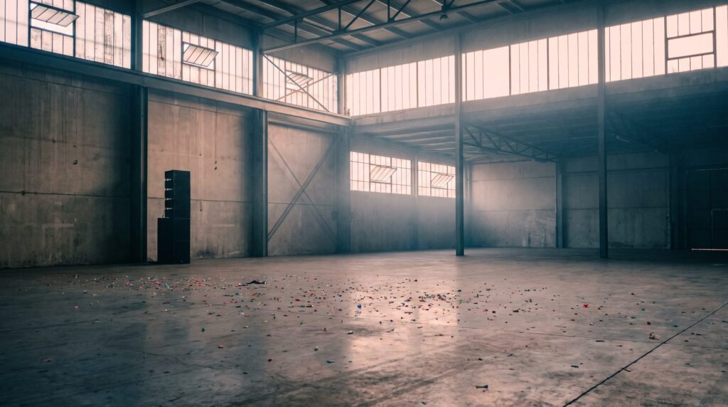 Empty warehouse dance floor at dawn with one speaker stack, scattered confetti and haze in the window light