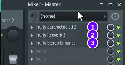 FL Studio Master mixer track with Fruity Parametric EQ 2 (1), Fruity Reeverb 2 (2) and Fruity Stereo Enhancer (3)