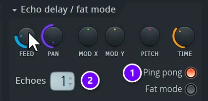 FL Studio channel settings, Echo delay section with Ping pong switched on (1) and Echoes set to 1 (2)
