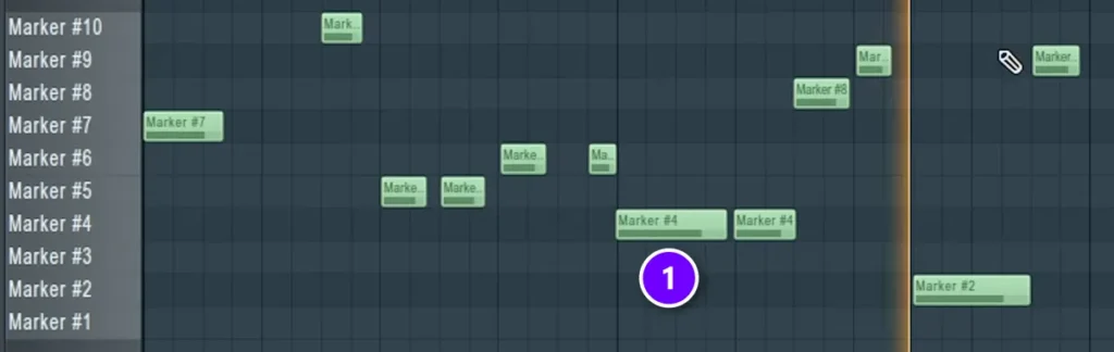 FL Studio Piano roll for Slicex with one row per vocal slice, Marker 1 to 10, and a chop pattern drawn in (1)