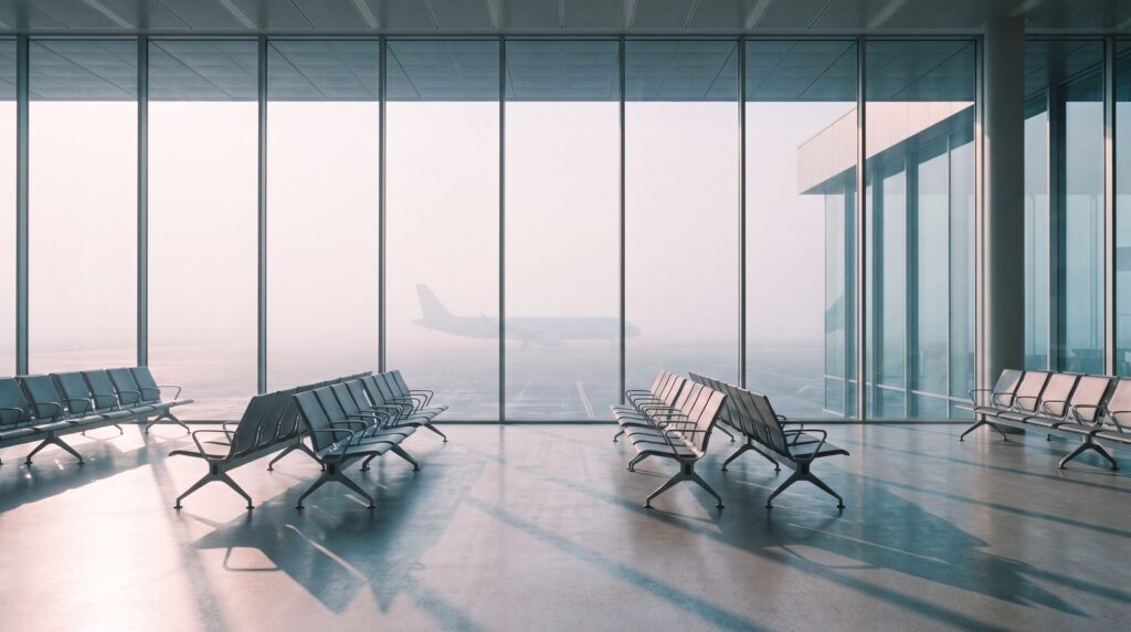 An empty airport departure lounge at dawn, rows of seats facing a misty glass wall with a plane in the haze