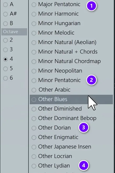 FL Studio scale list with Major Pentatonic (1), Minor Pentatonic (2), Other Dorian (3) and Other Lydian (4) numbered