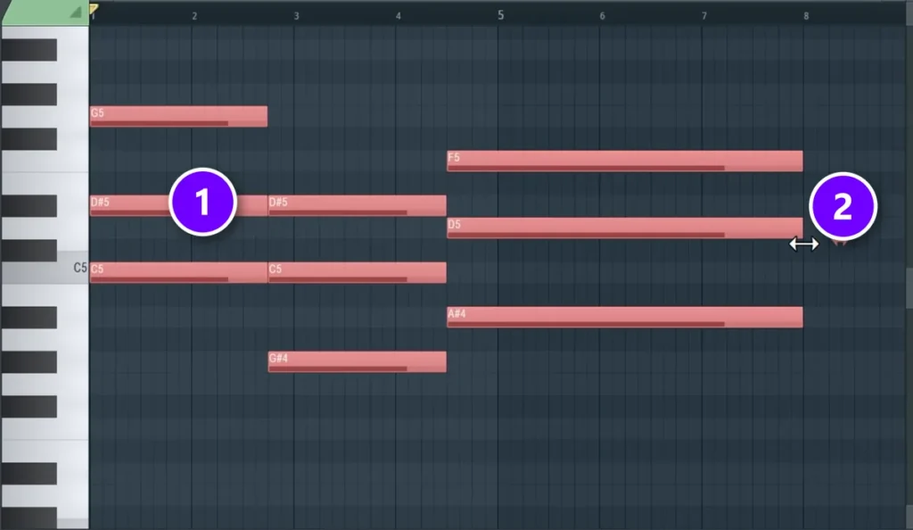 FL Studio Piano Roll with all chords selected (1) and the note end handle (2) being dragged to double their length
