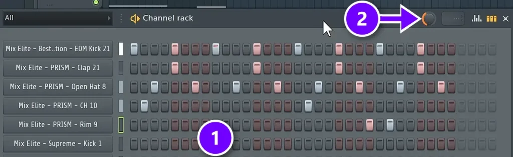 FL Studio Channel Rack with the step buttons (1) and the swing knob at the top (2) numbered