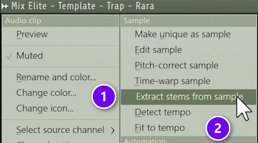 FL Studio audio clip menu with Extract stems from sample (1) and Fit to tempo (2) numbered