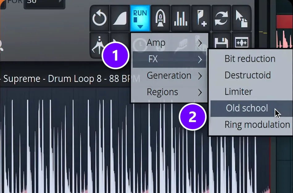 Edison in FL Studio with the Run script menu open on FX (1) and Old school (2) over a drum loop