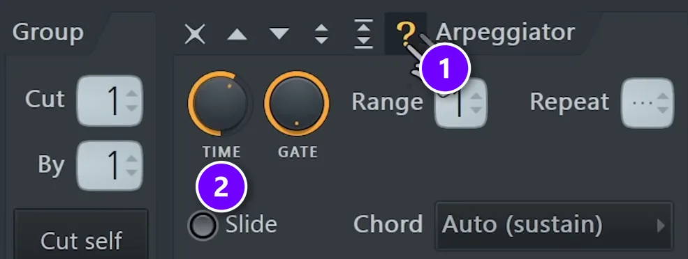 FL Studio channel settings with the random arpeggiator button (1) and the arpeggiator TIME knob (2) numbered