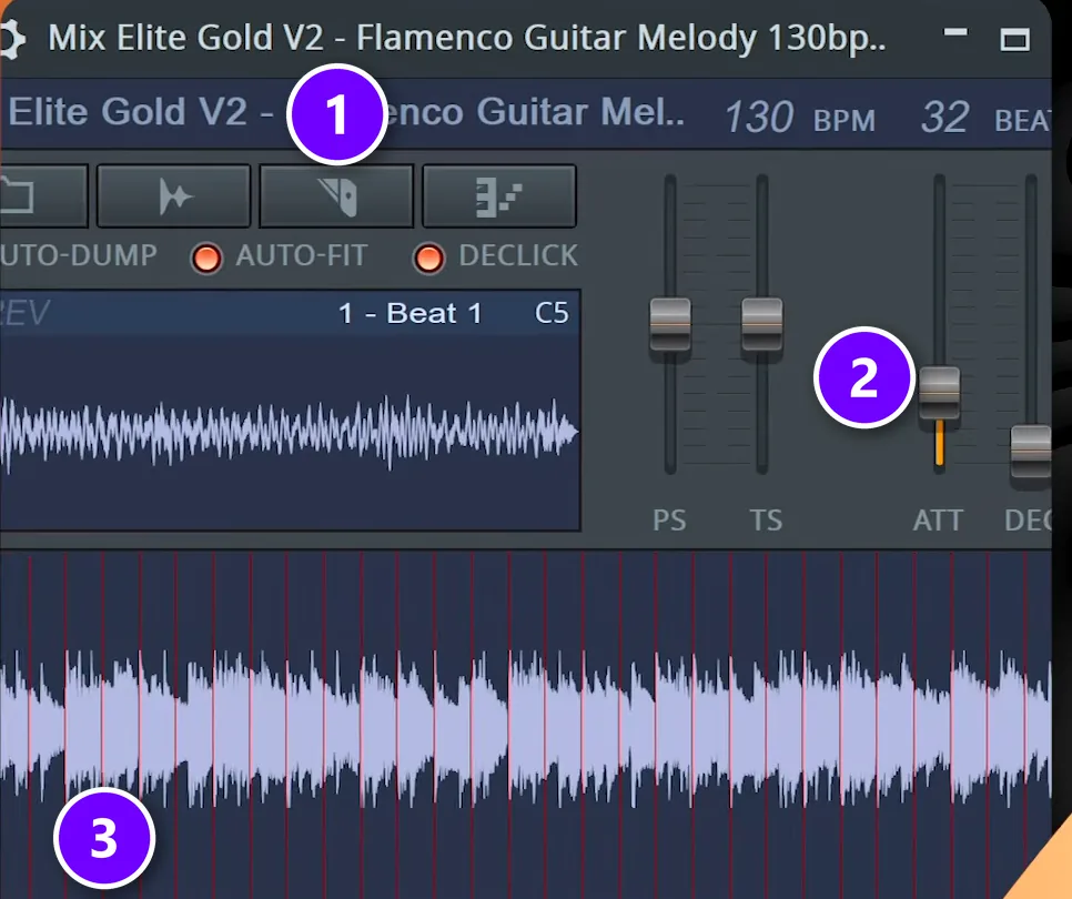 Fruity Slicer in FL Studio with the slicing button (1), the attack slider (2) and the slice markers (3) numbered