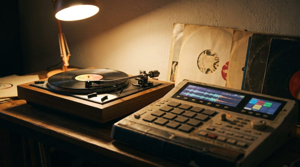A turntable playing an old vinyl record next to a pad drum machine in a dim home studio