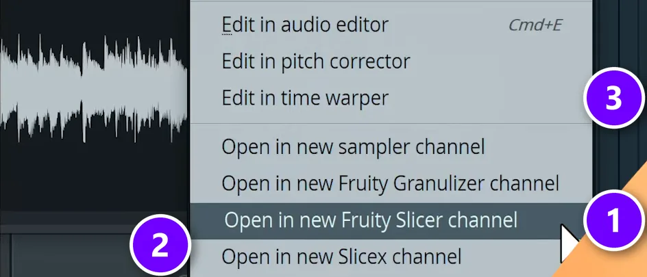 FL Studio sample menu with Open in new Fruity Slicer channel (1), Open in new Slicex channel (2) and Edit in time warper (3) numbered