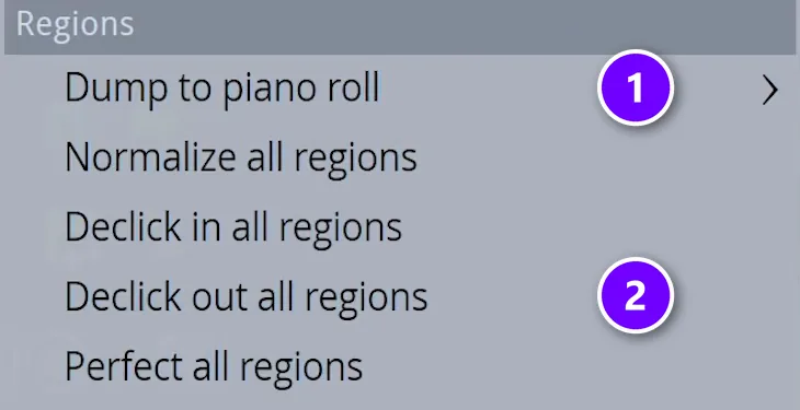 Slicex Tools menu in FL Studio with Dump to piano roll (1) and Declick out all regions (2) numbered