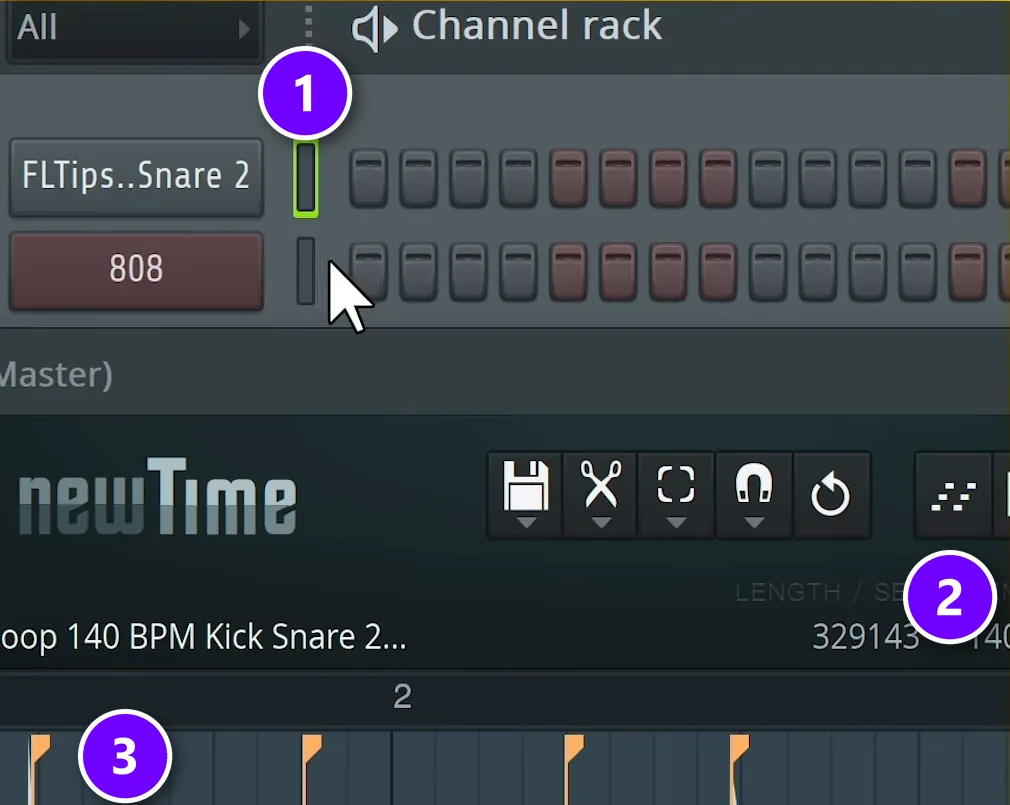 FL Studio Time Warper with the target channel in the Channel Rack (1), the send to piano roll button (2) and the hit markers on a drum loop (3) numbered
