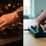 Split photo: on the left a hand rests on a spinning vinyl record in warm club light, on the right the same hand turns a knob on a small MIDI controller in daylight, the knob standing in for the turntable